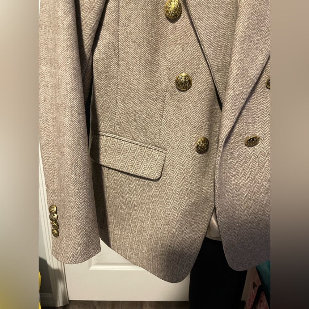 Banana Republic Herringbone Tweed Double-Breasted Blazer Beige with Gold Buttons - Picture 4 of 8